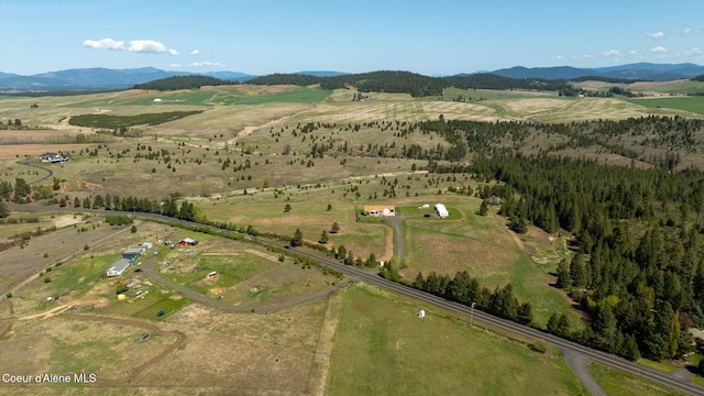 bird's eye view featuring a rural view and a mountain view