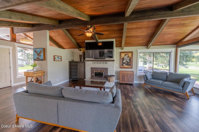 10792 N Magic Ct, Hayden, ID 83835 - living area featuring wooden ceiling, baseboards, a fireplace, ceiling fan, and dark wood-type flooring