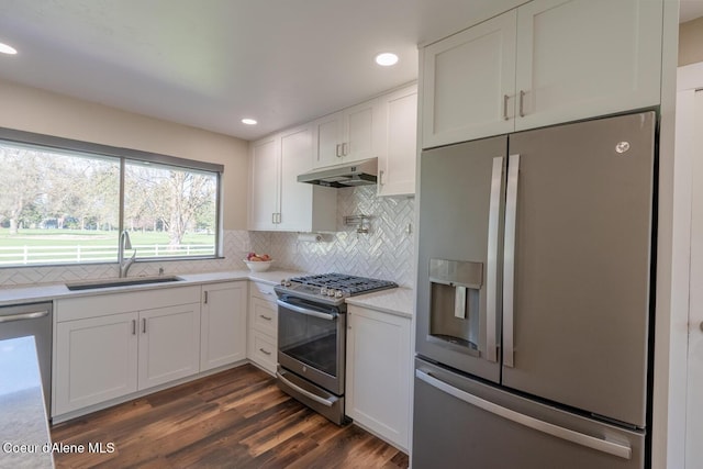 10792 N Magic Ct, Hayden, ID 83835 - kitchen featuring stainless steel appliances, a sink, under cabinet range hood, white cabinets, and backsplash