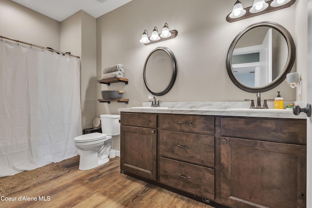 bathroom featuring a sink, double vanity, toilet, and wood finished floors