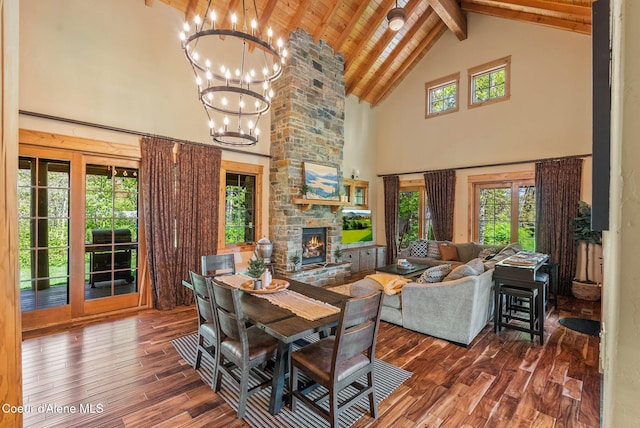 504 Hornby Pl, Dover, ID 83825 - dining area with high vaulted ceiling, wood-type flooring, a chandelier, beam ceiling, and plenty of natural light