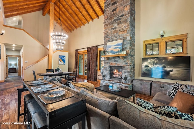 504 Hornby Pl, Dover, ID 83825 - living area with high vaulted ceiling, wood ceiling, hardwood / wood-style floors, beam ceiling, and a chandelier