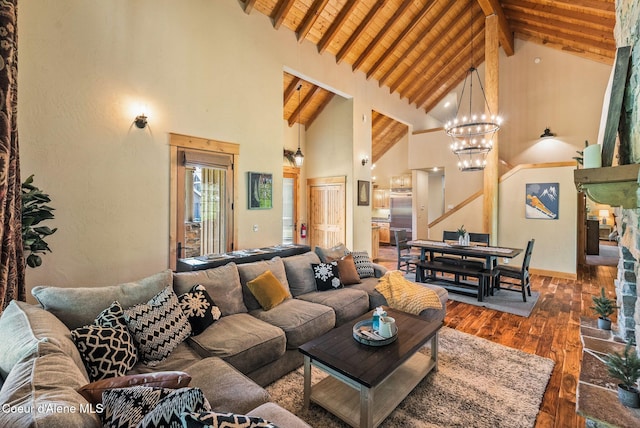 504 Hornby Pl, Dover, ID 83825 - living room featuring high vaulted ceiling, a chandelier, wood ceiling, hardwood / wood-style flooring, and beam ceiling