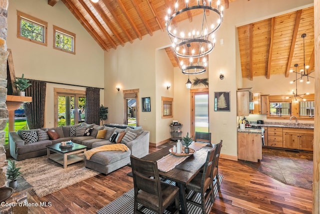 504 Hornby Pl, Dover, ID 83825 - dining room featuring a chandelier, high vaulted ceiling, wooden ceiling, dark wood finished floors, and beamed ceiling