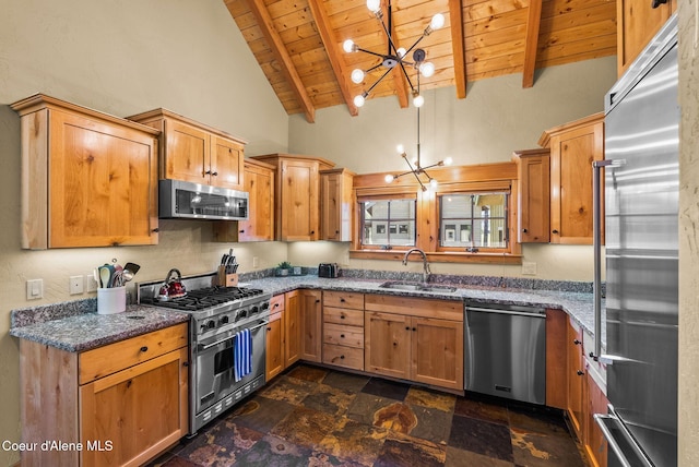 504 Hornby Pl, Dover, ID 83825 - kitchen featuring premium appliances, a chandelier, wood ceiling, a sink, and stone tile floors
