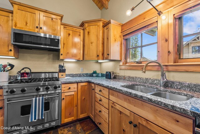 504 Hornby Pl, Dover, ID 83825 - kitchen with appliances with stainless steel finishes, a sink, dark stone countertops, brown cabinetry, and vaulted ceiling