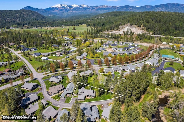 504 Hornby Pl, Dover, ID 83825 - aerial overview of property's location with a heavily wooded area, a mountain backdrop, property parcel outlined, and nearby suburban area