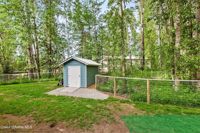 view of shed with a fenced backyard