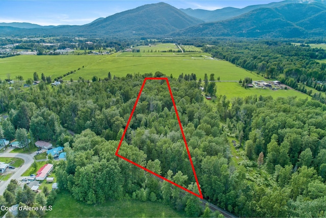 drone / aerial view featuring a forest view and a mountain view