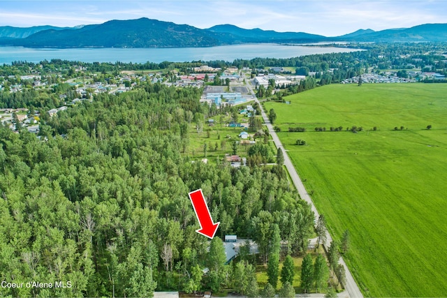 birds eye view of property with a water and mountain view