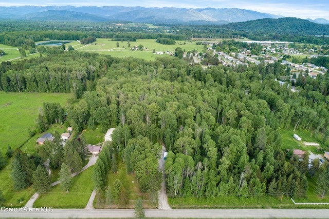 bird's eye view with a forest view and a mountain view