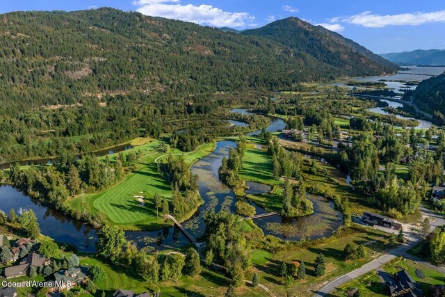 bird's eye view featuring a water and mountain view and a forest view