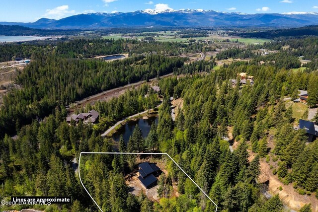 drone / aerial view with a water and mountain view and a wooded view
