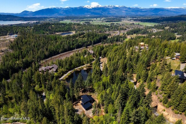 aerial view featuring a water and mountain view and a forest view