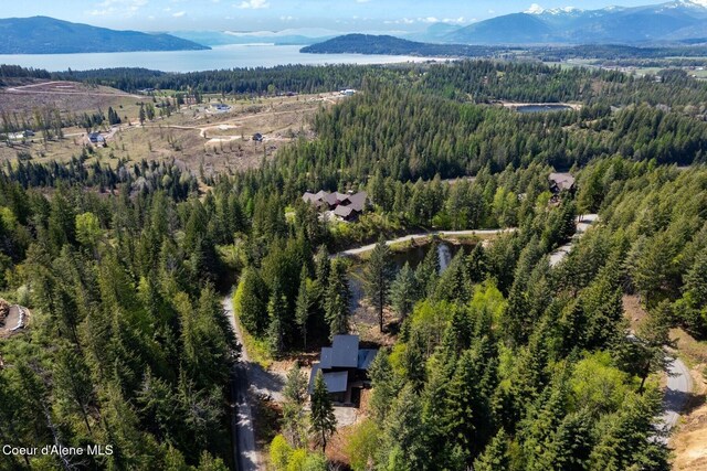 drone / aerial view featuring a forest view and a water and mountain view