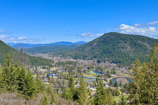property view of mountains featuring a view of trees and a water view