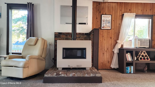living area with carpet floors, wood walls, and a wood stove