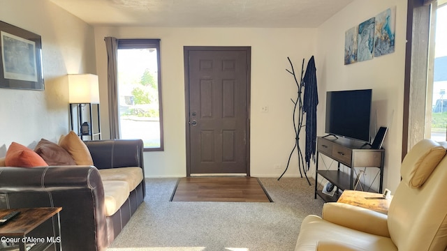 living room with carpet floors and baseboards