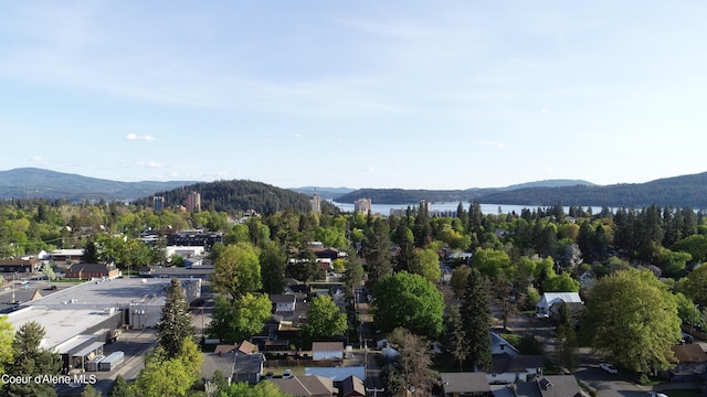 drone / aerial view featuring a water and mountain view