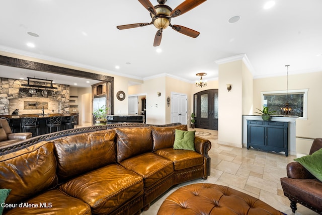 5969 W Highland Dr, Coeur Dalene, ID 83814 - living area with a ceiling fan, wet bar, recessed lighting, ornamental molding, and stone tile flooring