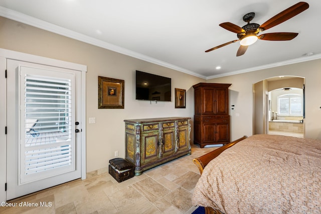 5969 W Highland Dr, Coeur Dalene, ID 83814 - bedroom featuring crown molding, arched walkways, baseboards, ensuite bathroom, and stone tile floors