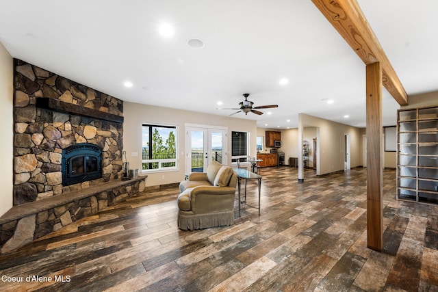 5969 W Highland Dr, Coeur Dalene, ID 83814 - living area with recessed lighting, dark wood finished floors, ceiling fan, and french doors