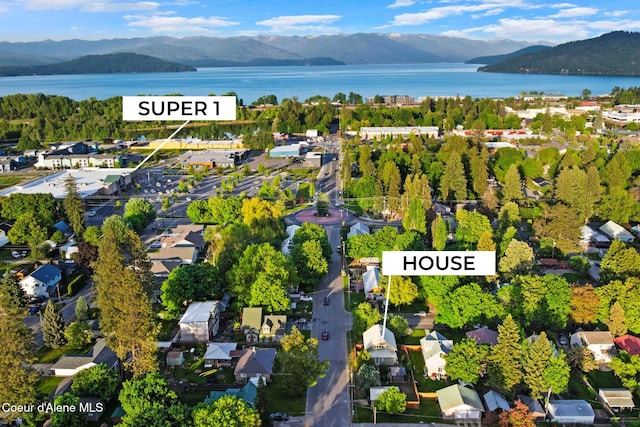 723 Forest Ave, Sandpoint, ID 83864 - aerial view of property and surrounding area featuring a water and mountain view and property boundaries highlighted