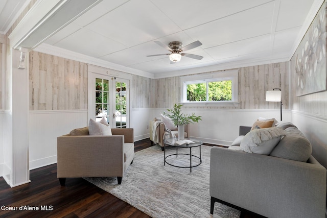 723 Forest Ave, Sandpoint, ID 83864 - living room with a ceiling fan, dark wood finished floors, wainscoting, french doors, and crown molding