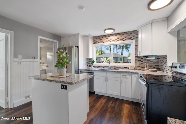 723 Forest Ave, Sandpoint, ID 83864 - kitchen featuring stainless steel appliances, a sink, a center island, dark wood-type flooring, and wainscoting
