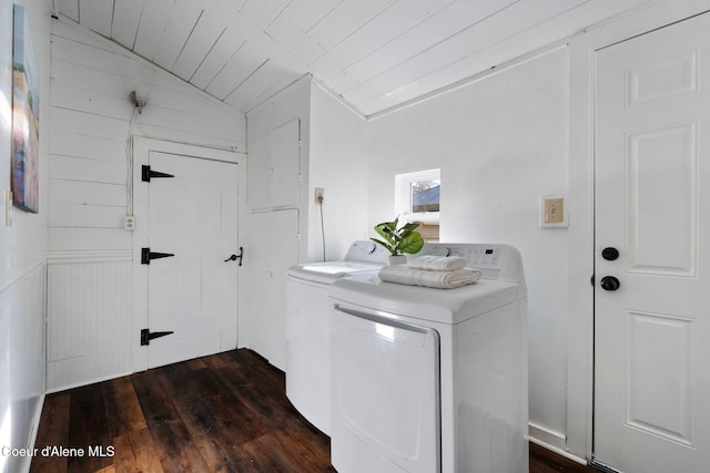 723 Forest Ave, Sandpoint, ID 83864 - washroom with washing machine and clothes dryer, dark wood-style floors, and wooden ceiling