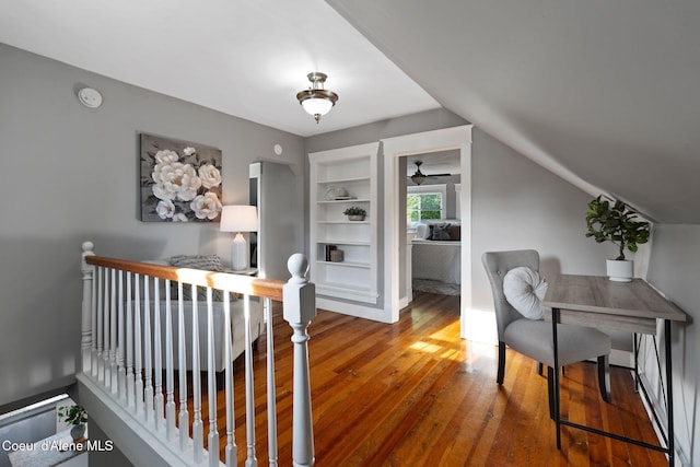 723 Forest Ave, Sandpoint, ID 83864 - office featuring built in features, hardwood / wood-style floors, baseboards, a ceiling fan, and lofted ceiling