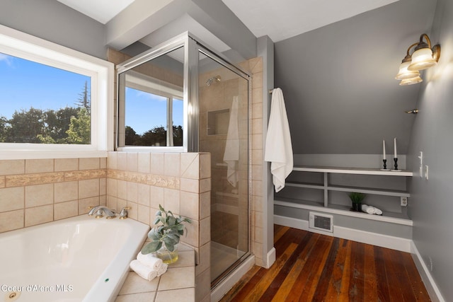 723 Forest Ave, Sandpoint, ID 83864 - full bathroom featuring a shower stall, a bath, hardwood / wood-style floors, and baseboards