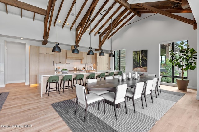 6869 S Gozzer Rd Unit C201, Harrison, ID 83833 - dining room featuring high vaulted ceiling, beamed ceiling, light wood-type flooring, baseboards, and recessed lighting