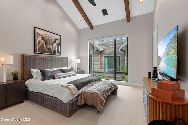 6869 S Gozzer Rd Unit C201, Harrison, ID 83833 - bedroom with light carpet, wood ceiling, and a ceiling fan