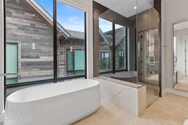 6869 S Gozzer Rd Unit C201, Harrison, ID 83833 - full bath with a freestanding bath, a shower stall, and wooden walls