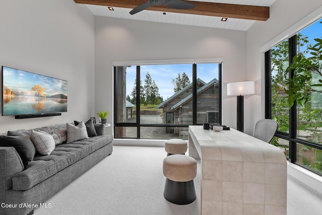 6869 S Gozzer Rd Unit C201, Harrison, ID 83833 - living room featuring plenty of natural light, ceiling fan, carpet flooring, and wooden ceiling