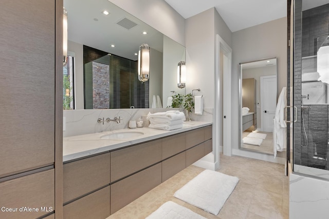 6869 S Gozzer Rd Unit C201, Harrison, ID 83833 - full bathroom featuring double vanity, a shower stall, recessed lighting, and tile patterned floors