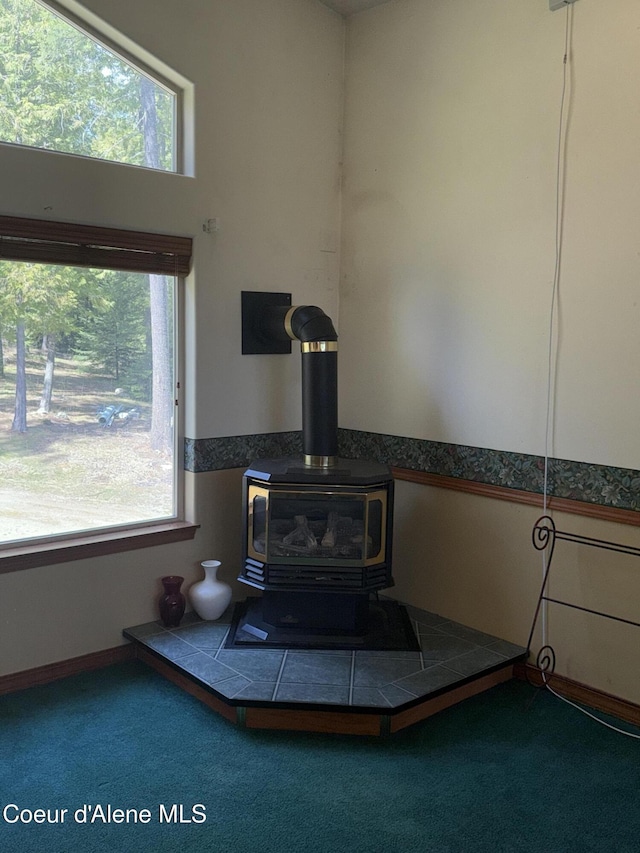 1959 Thimbleberry Ln, Sandpoint, ID 83864 - room details featuring a wood stove and carpet floors