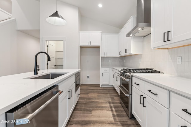 6696 Portrush Dr, Rathdrum, ID 83858 - kitchen featuring backsplash, a sink, dark wood-style floors, stainless steel appliances, and wall chimney exhaust hood
