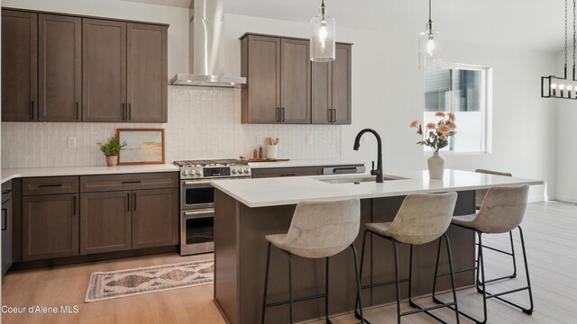 6696 Portrush Dr, Rathdrum, ID 83858 - kitchen featuring wall chimney exhaust hood, range with two ovens, a sink, tasteful backsplash, and light wood finished floors