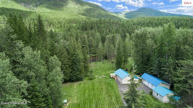 aerial view featuring a mountain view and a forest view