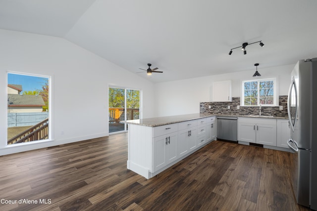7435 N Cornwall St, Coeur Dalene, ID 83815 - kitchen with ceiling fan, a peninsula, appliances with stainless steel finishes, and a wealth of natural light