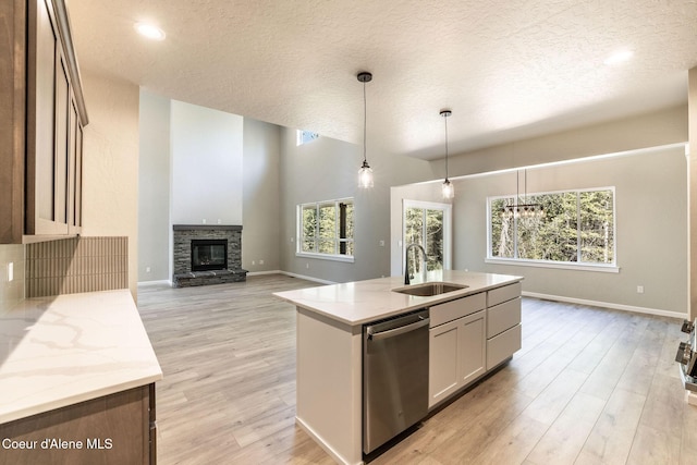 7587 E Duke Ln, Athol, ID 83801 - kitchen featuring hanging light fixtures, a sink, baseboards, light wood-type flooring, and stainless steel dishwasher