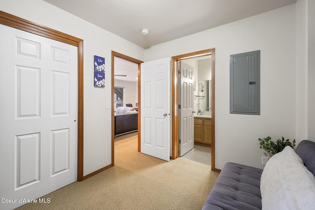 19820 S Alcan Rd, Coeur Dalene, ID 83814 - living area featuring electric panel, light colored carpet, and baseboards