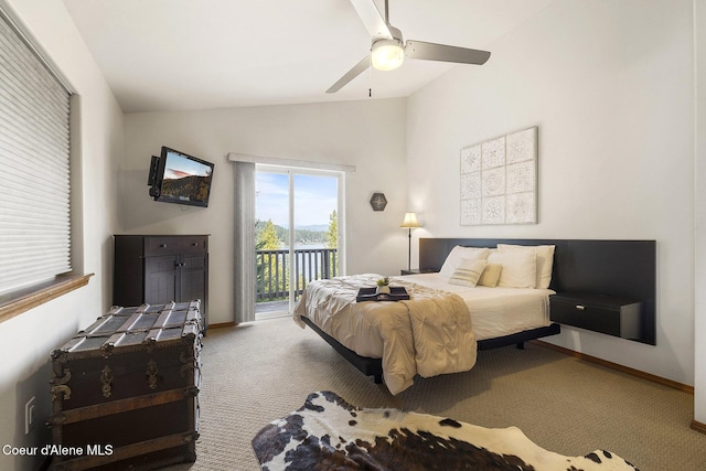 19820 S Alcan Rd, Coeur Dalene, ID 83814 - bedroom featuring access to exterior, carpet, lofted ceiling, baseboards, and ceiling fan