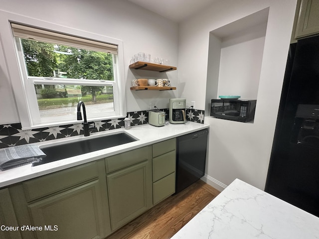 822 E Wallace Ave, Coeur Dalene, ID 83814 - kitchen featuring green cabinetry, open shelves, a sink, dark wood-style floors, and black appliances