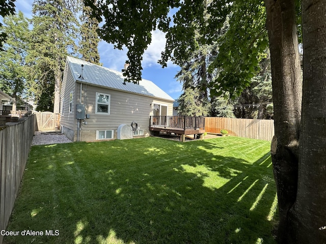 822 E Wallace Ave, Coeur Dalene, ID 83814 - back of property with a fenced backyard, metal roof, a lawn, and a deck