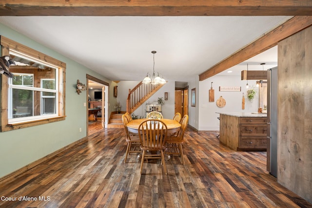 dining room featuring stairway, beamed ceiling, dark wood finished floors, and a notable chandelier