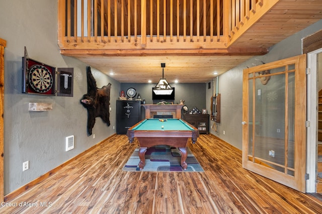 rec room featuring wood ceiling, visible vents, billiards, and wood finished floors