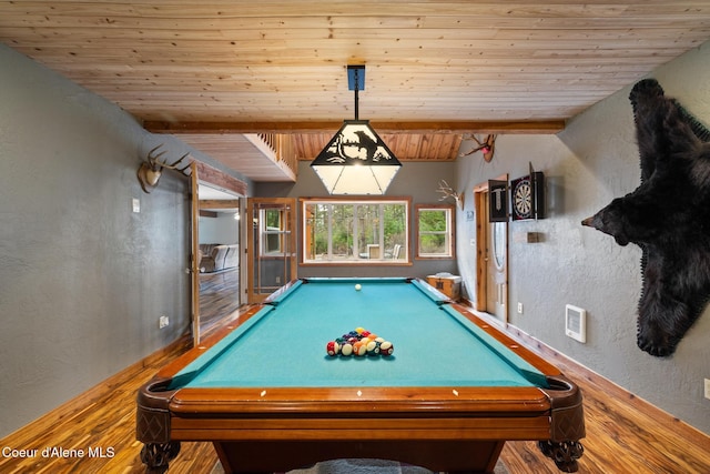 playroom with pool table, wood finished floors, wooden ceiling, baseboards, and a textured wall